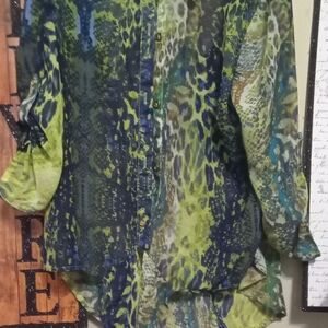 Soulmates Button Down Thick Tie Bottom Front Vibrant Animal Print Blouse